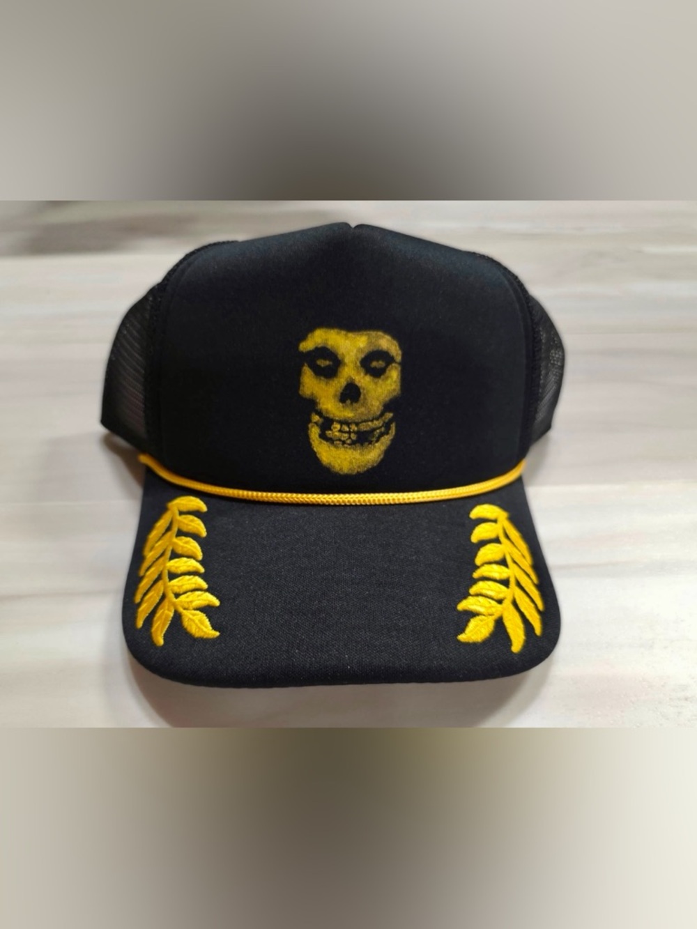Black Trucker Hat Gold Misfits Skull & Captain hat embroidery, punk